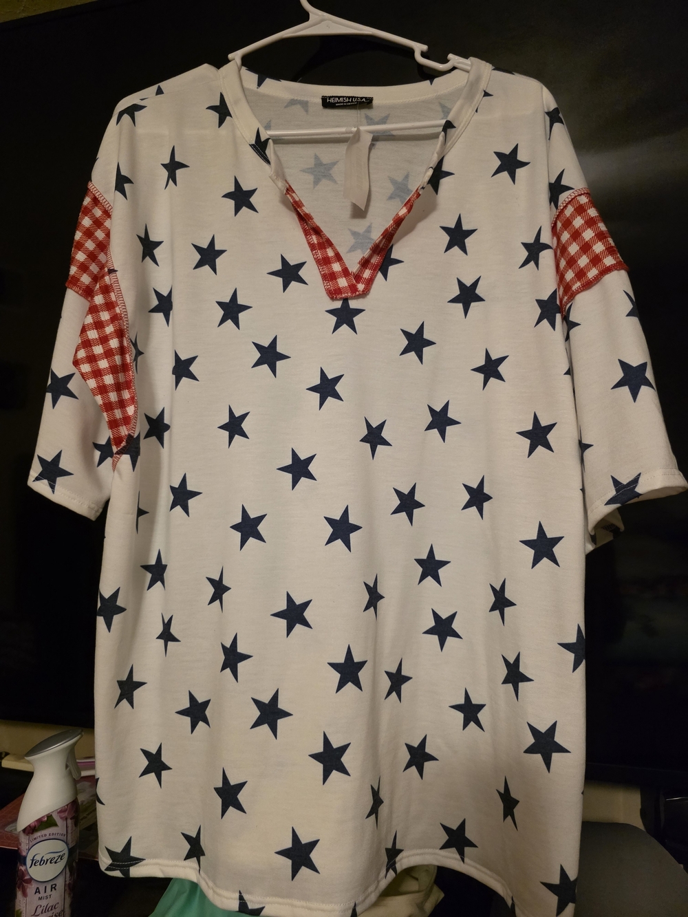 Patriotic Star Print Women Top with Red Gingham Accents